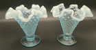 2 Fenton Blue Opalescent Hobnail Glass Fluted Cone Shaped Vase 5 1/2" Tall