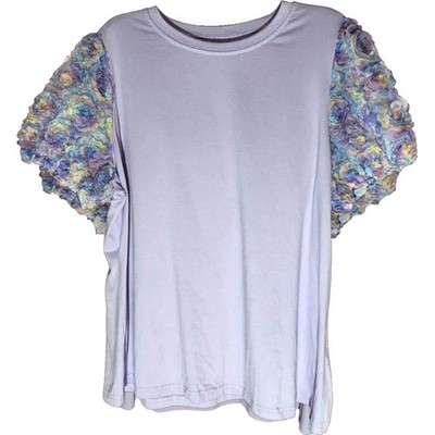 Lilac Tee Womens 3D Floral Textured Rosette Puff Sleeve Lavender Top