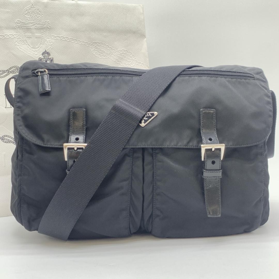 Prada Tessuto Nylon and Leather Black Crossbody Bag Unisex A4 Size Authentic