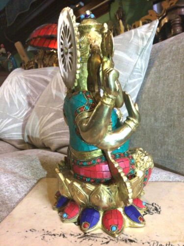 Ganesh grande statua ottone pietre intarsiate scultura tempio divinità orientale 31 cm 8 kg - Foto 10 di 12
