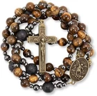 St. Michael Brown Tiger Eye Rosary for Men with Lava Beads & Cross Necklace