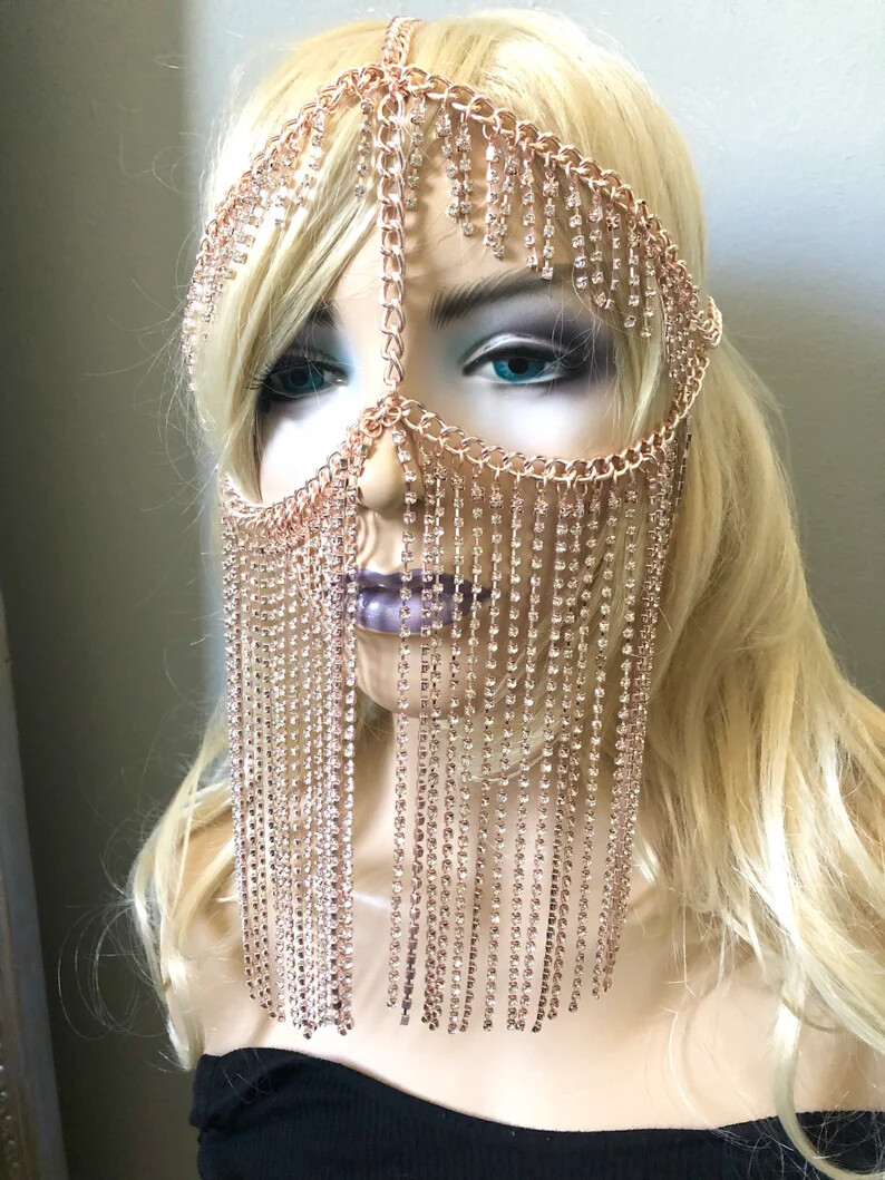 Beaded Fringe Headpiece in Pink and Gold 1920s Style FULLY Beaded Gold Fringe FLAPPER Head Cap Skull  main image 2