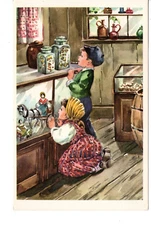 Boy & Girl in Old Fashioned General Store Look at Candy-Toys-Vintage Postcard