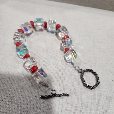 Bracelet Fire&ICE clear Austrian Crystal l2m cubes Red Coral Chips TOGGLE 9 Inch
