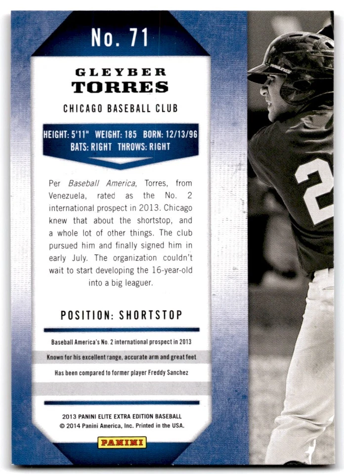 2013 Panini Elite Extra Edition Gleyber Torres Rookie Chicago Cubs #71 - Image 2 of 2