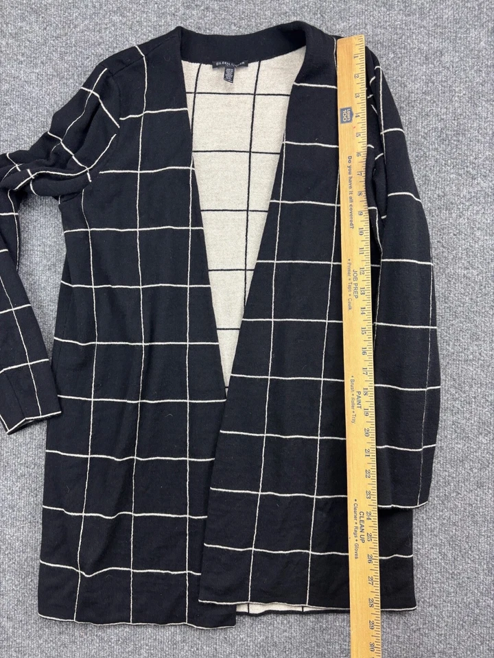 Eileen Fisher Wool Sweater Women's PM Black White Check Windowpane Open Cardigan - Image 4 of 4