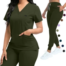 Women Men Stretch Nurse Uniform Medical Scrub Sets V-Neck Top Jogger Pant Unisex