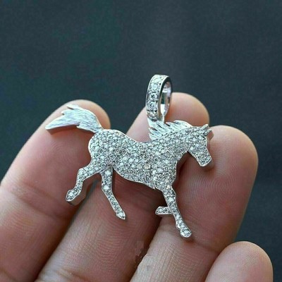 Round Simulated Diamond 925 Silver Running Horse Pendant 14k White Gold Plated