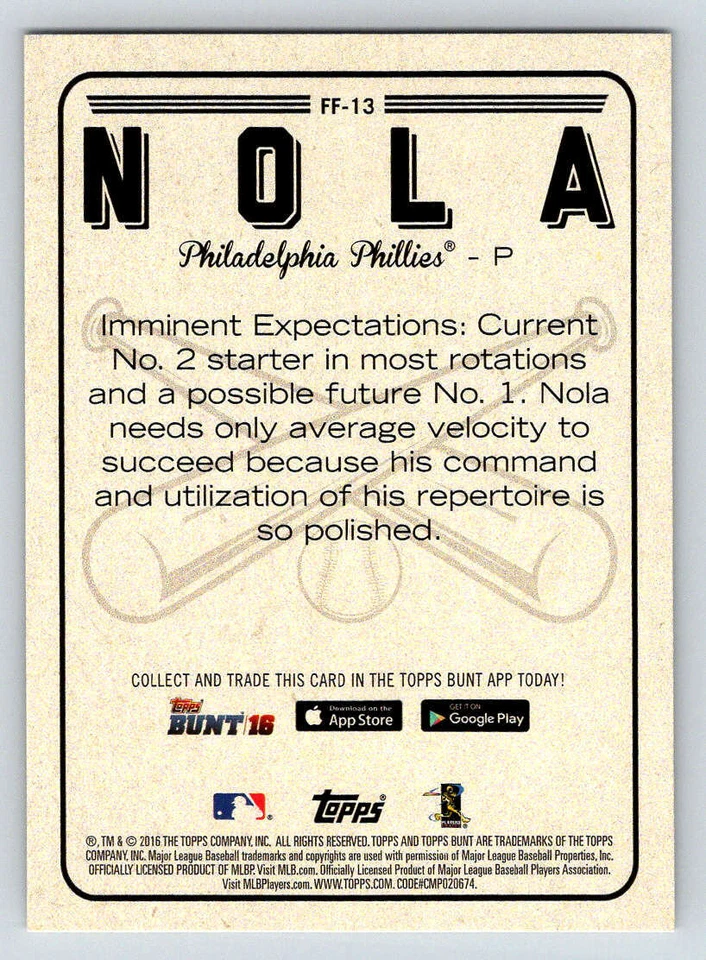 2016 Topps Bunt Future of the Franchise #FF13 Aaron Nola (ref 203835) - Image 2 of 2