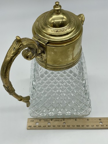 Vintage Decanter Diamond Cut Crystal Gold Tone Lion Head Spout Italy 10.5” - Picture 14 of 18
