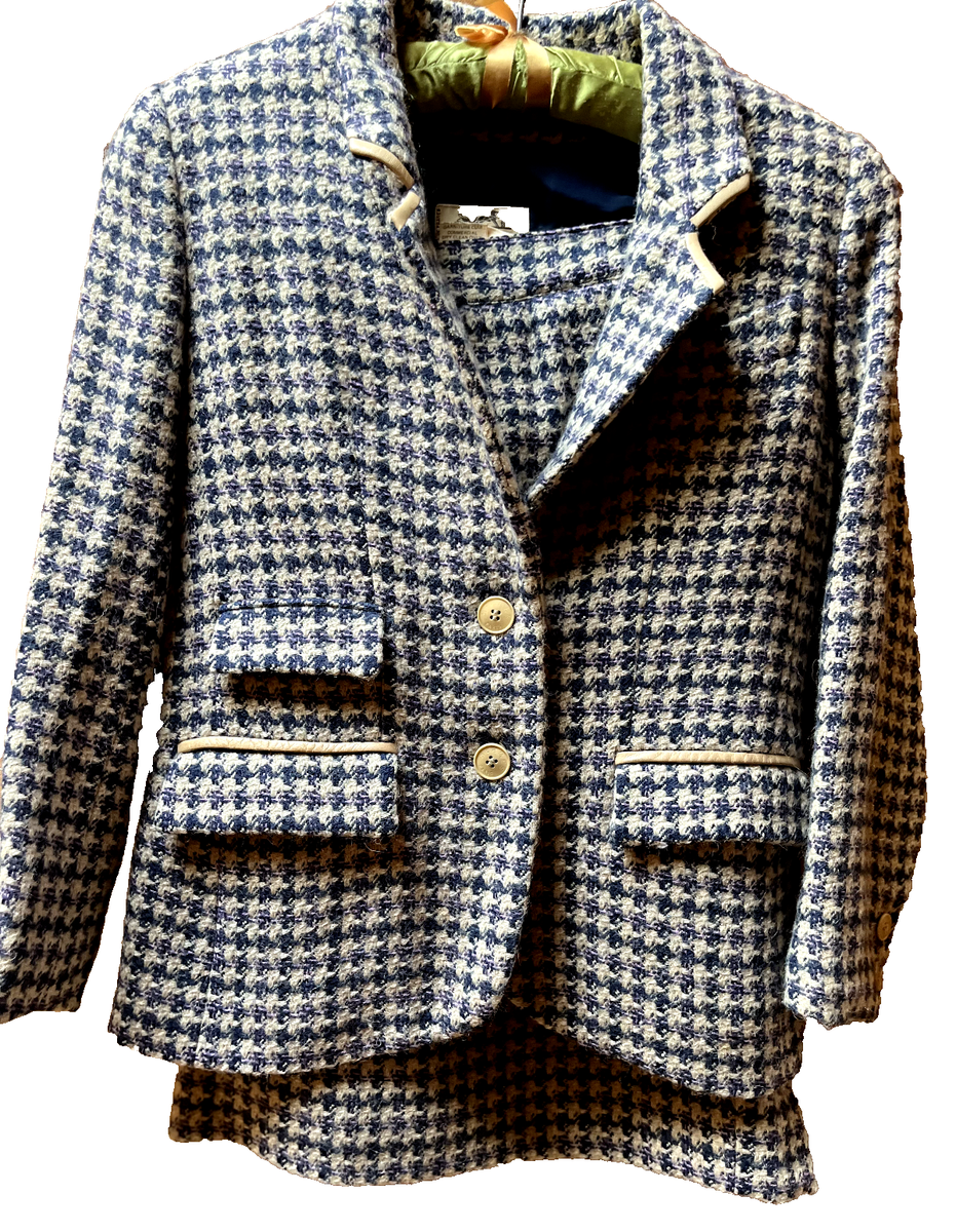 Hermes Paris Vintage Navy/Cream Houndstooth Tweed Wool Skirt Suit