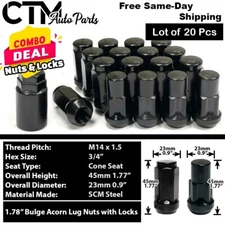 20x Black 14x1.5 Cone Seat Lug Nut + Wheel Lock Set Fit Dodge Chrysler Jeep Ram