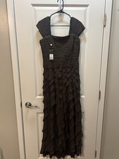 Tadashi Shoji Chocolate Maxi Dress 100% Silk Lined Pleated Size 6 NWT