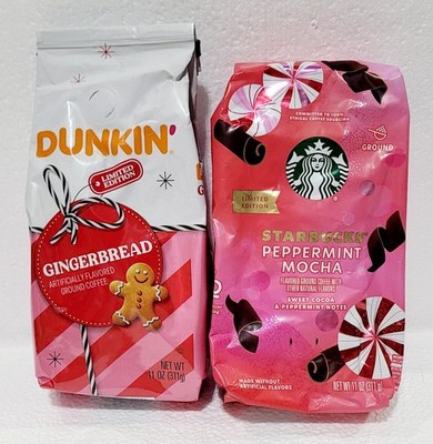 Limited ED Starbucks Peppermint Mocha & Dunkin Gingerbread Holiday Ground Coffee