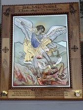 St. Michael the Archangel Wall Plaque Gift - Silver  Olive Wood Frame 15x12"