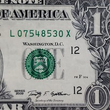 $1 Bill 2009 L X LX Block Serial Number Circulated Condition- L 07548530 X