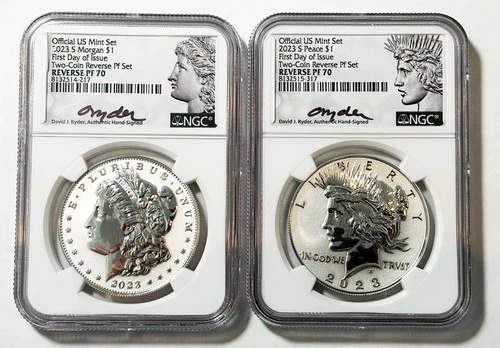 2023-S Reverse PROOF Morgan & Peace Silver Dollars 2pc Set NGC PF70