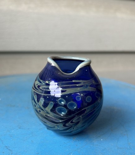 Blue Iridescent Speckled Swirl Abstract Miniature Bulbous Pinched Dish Vase 3"
