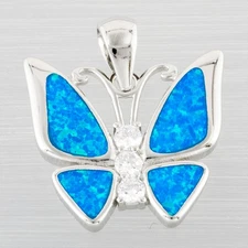 Butterfly Ocean Blue Fire Opal 3 CZ Silver Jewelry Necklace Pendant