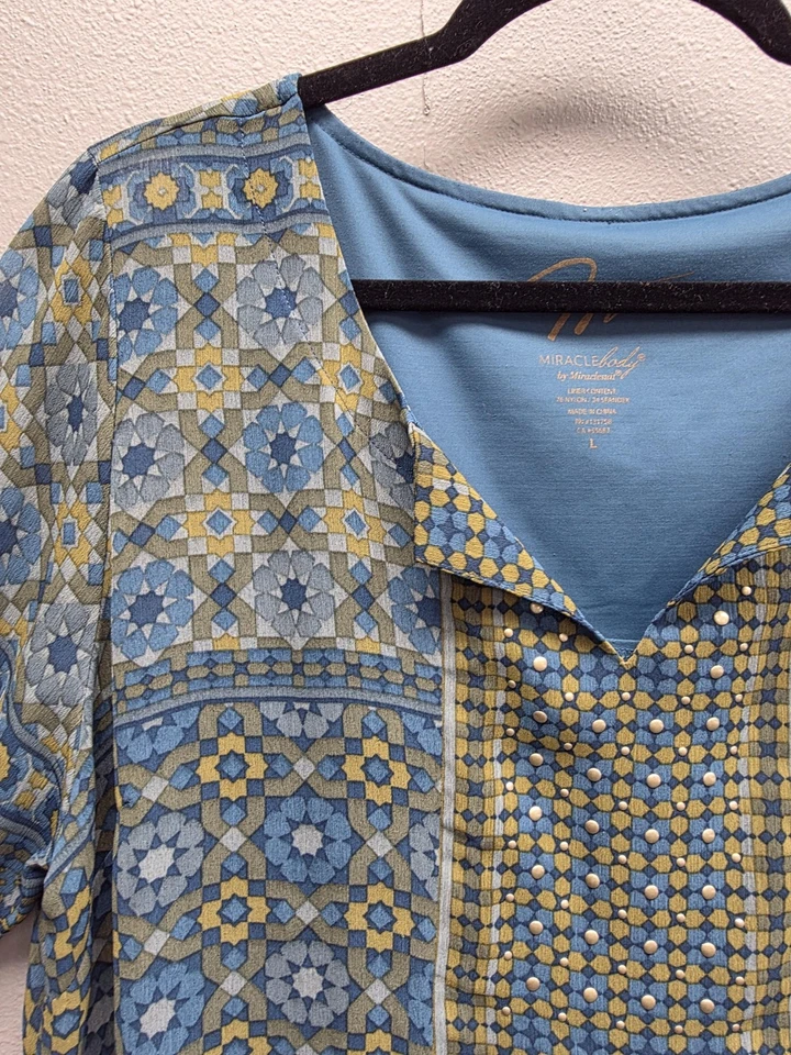 Camisa Miraclebody Mujer Grande Azul Amarillo Estampado Geométrico Pullover Forrado Top Foto 2 de 4