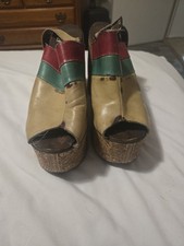 1970s Platform Cork Disco Heels Leather Multicolor Straps Party Beige Red Green