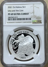 2021 St  Helena Una and The Lion 1 oz Silver Proof NGC PF69 BOX COA MILK SPOT