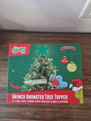 Mr. Christmas Animated Grinch Sleigh Tree Topper with LED Star and Merry