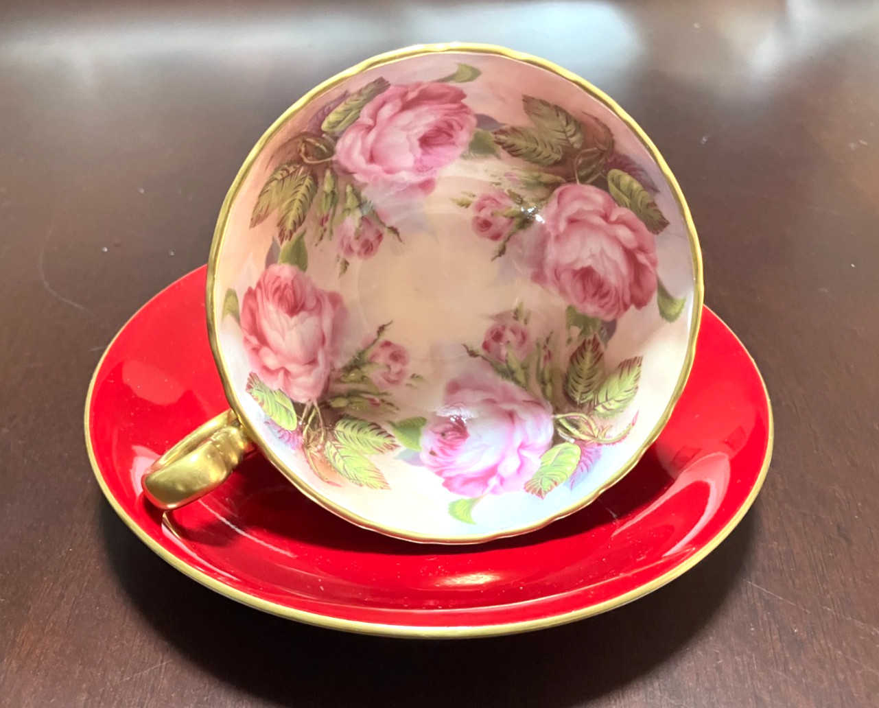 AYNSLEY 4 PINK CABBAGE ROSES DESIGN   - TEA CUP & SAUCER SET