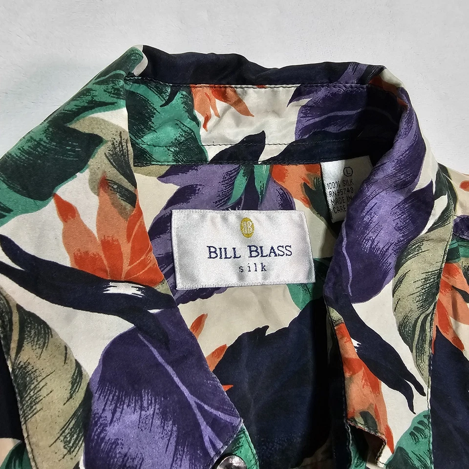 Camisa Hawaiana Bill Blass De Colección Para Hombres L Satén Seda Pájaro del Paraíso Campamento Colorida Foto 3 de 4