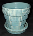 VTG McCoy Pottery TURQUOISE BASKET WEAVE PLANTER Teal Flower Pot ATTACHED SAUCER