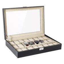 24 Slots Watch Box PU Leather Watch Case Organizer Watch Display Case Black Gift