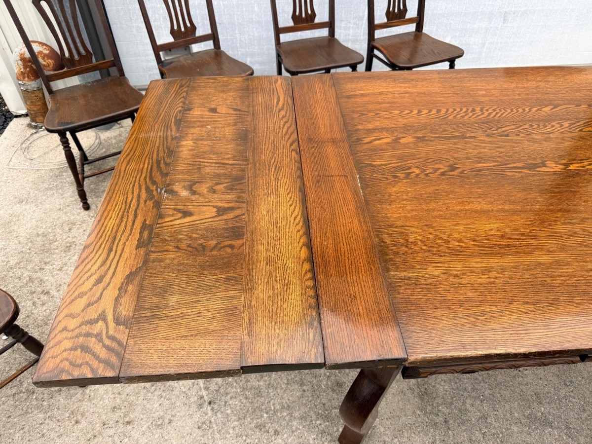 Antique Oak Draw-Leaf Dining Table w/ 6 Chairs Jacobean Tudor
