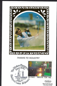 Great Britain: Golfer displays steel club in Steel Industry year 1986. Card