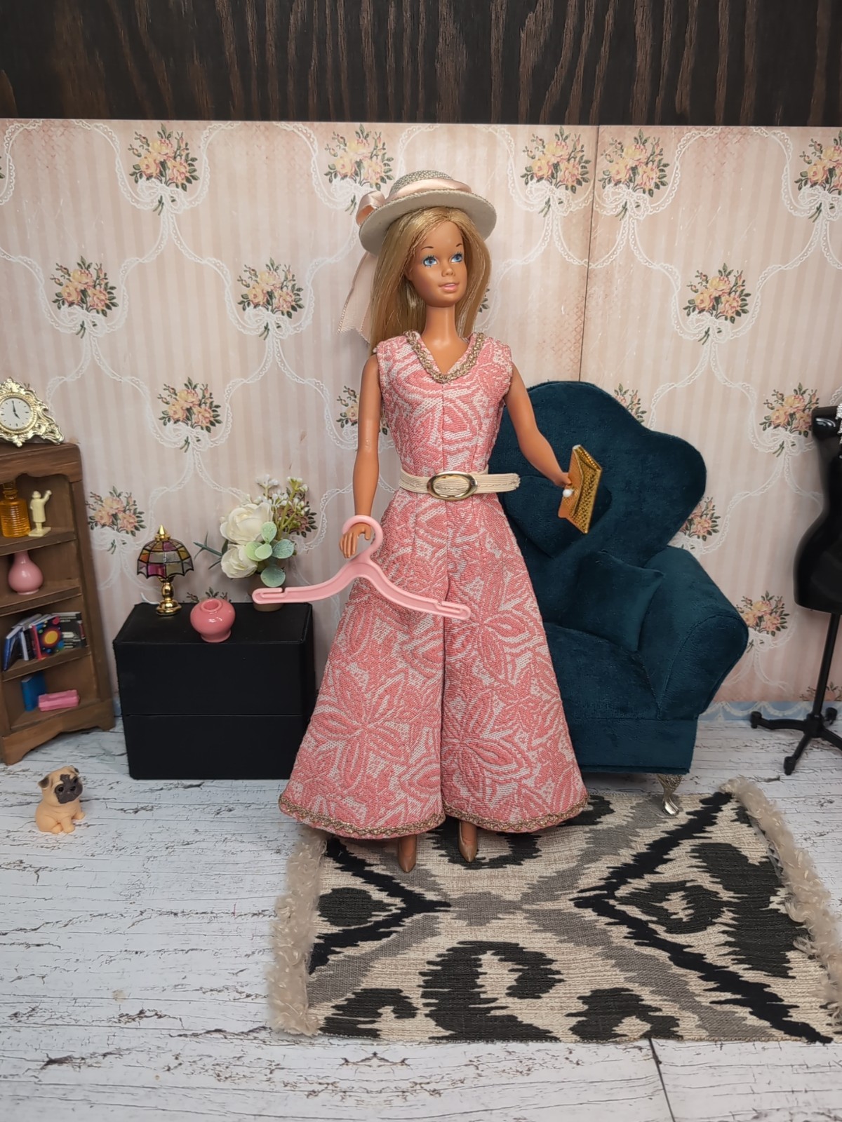 Vintage Barbie Clone Outfit - Jumpsuit, Hat, Belt, Pumps, Clutch, Hanger