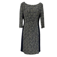 Lauren Ralph Lauren Dress 6 Navy Beige Geometric Print Side Ruched 3/4 Sleeve