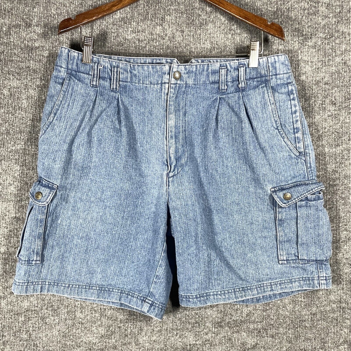 VINTAGE Eddie Bauer Denim Cargo Jean Shorts Sz 35 Baggy HBT