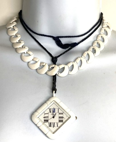 Vintage Lot 2 Monet White Enamel Gold Ornate Pendant Watch Necklaces