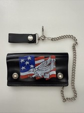 Genuine Leather Chain Biker/Trucker Wallet with Flag  Eagle Made In USA EUC