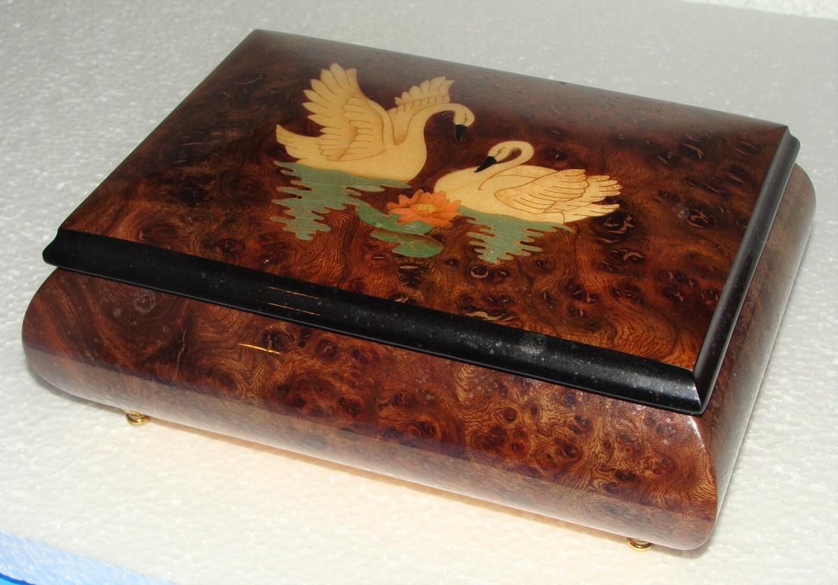 Vintage San Francisco Co. Music Box w/ Swans Lid Burl Wood