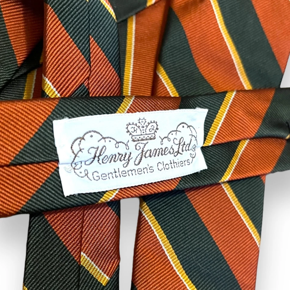 Corbata vintage Henry James LTD Gran Bretaña a rayas diagonales naranja negro amarillo Foto 3 de 4