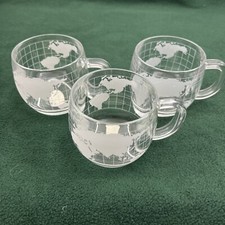 Nestle World Map Globe Etched Glass Mug Set 3 Coffee Cups 1970s Vintage Retro