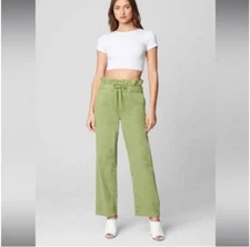 Blank NYC Paper Bag High Waisted Cinch Pants Size Large Wide Leg Olive Green