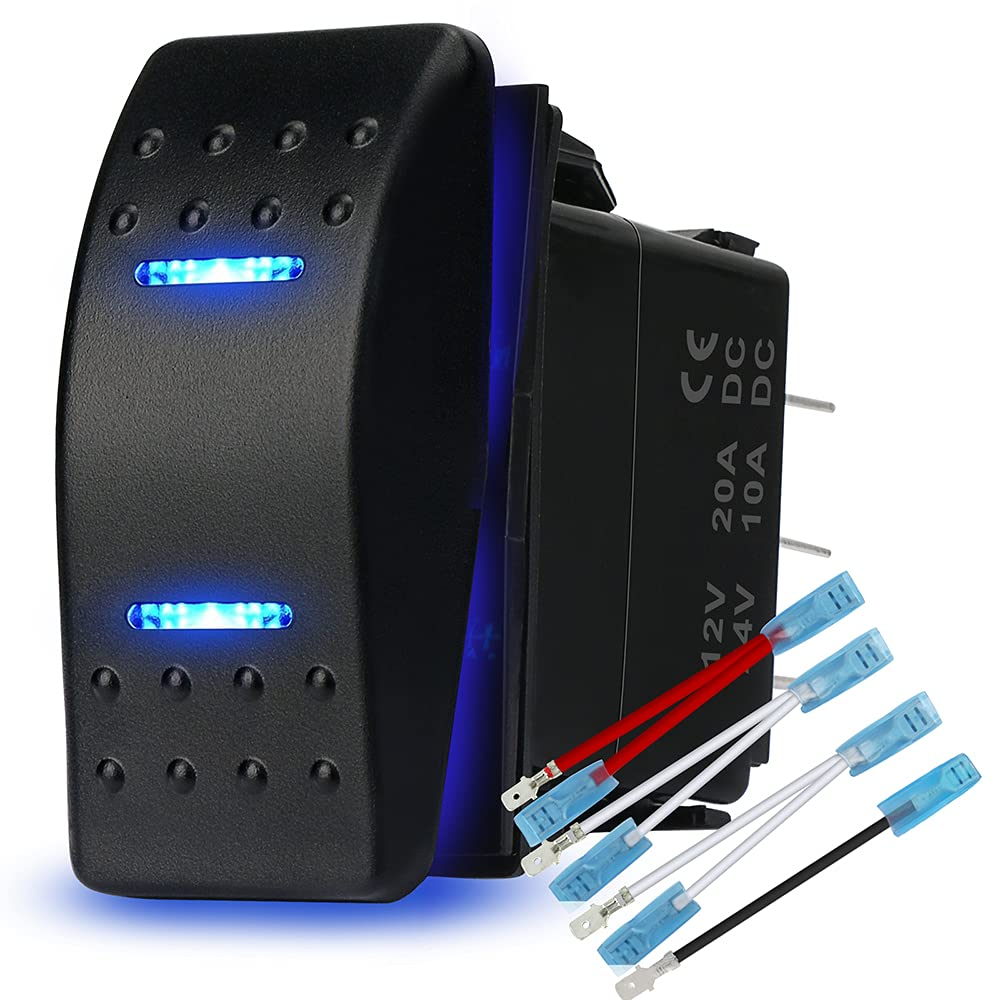 Waterproof Rocker Switch Toggle On-Off-On 12V/20A 24V/10A 7Pin DPDT Blue LED Lig