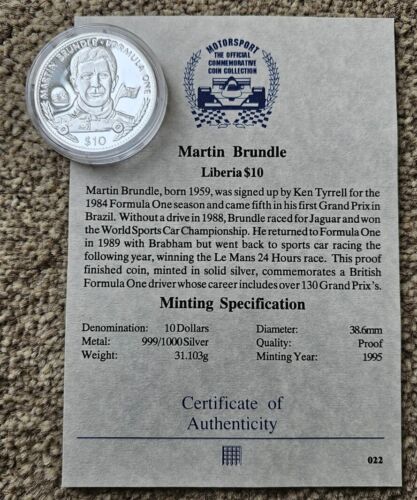 1995 Liberia - Motorsport - Martin Brundle $10 Coin 1oz .999 Silver - CoA - Imagen 1 de 5