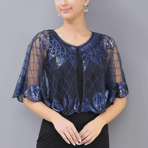 Womens Shrug Shawl Wedding Dresses Cape Cover Ups Sequins Beaded Shawls Party - Bild 6 von 30