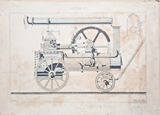 DESSIN AQUARELLE LOCOMOBILE Bréval (machine agricole vapeur) signé DESCOUP. 19e