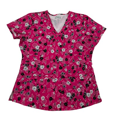 Med Couture Prints Pink Floral V-Neck Pocket Scrub Top 8461 Short Sleeve  Sz M