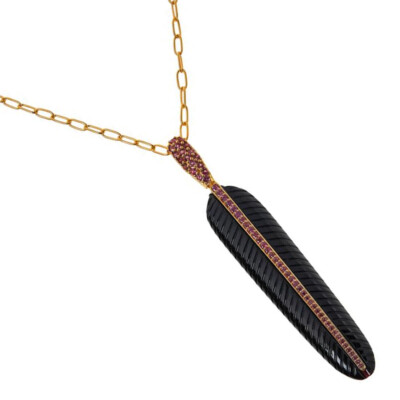 Damen geschnitzter schwarzer Onyx Feder Anhänger, Sterlingsilber Halskette goldfarben, neu