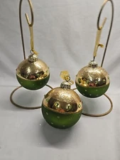 3 Frontgate Glass hand embellished Green gold mercury Style large ornaments 4.7"