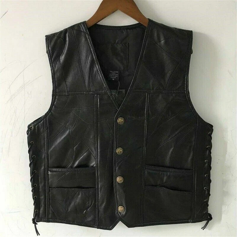 Men Genuine Leather Waistcoat Vest Top Motorcycle Biker Black Vintage Casual - Image 2 of 4